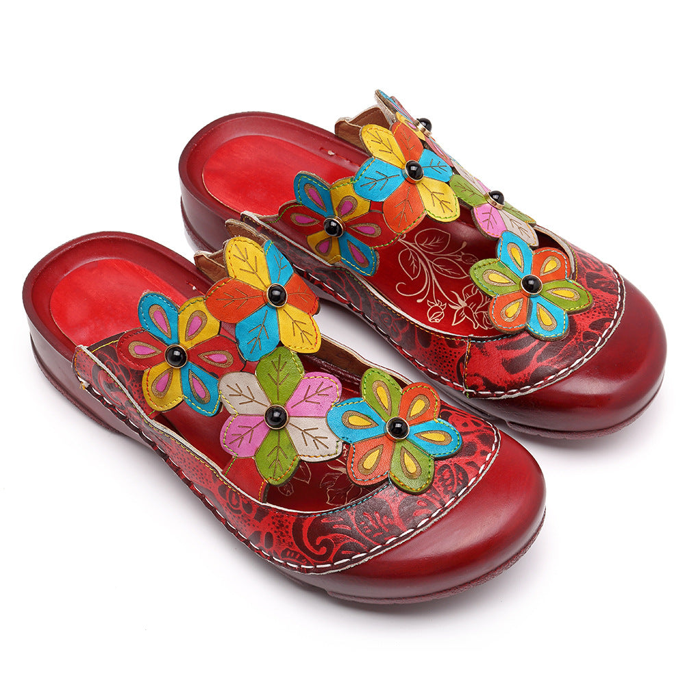 Liangtuo Nu's retro flower, genuine leather National Style Slippers