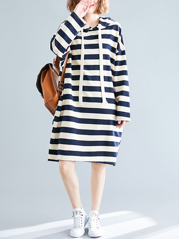 CASUAL STRIPED HOODIE SWEATSHIRT DRESS