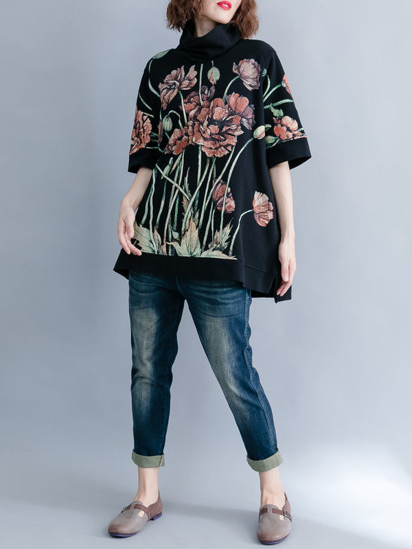 CASUAL FLORAL PRINTED HIGH-NECK SWEATSHIRT