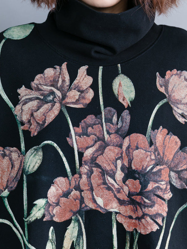 CASUAL FLORAL PRINTED HIGH-NECK SWEATSHIRT