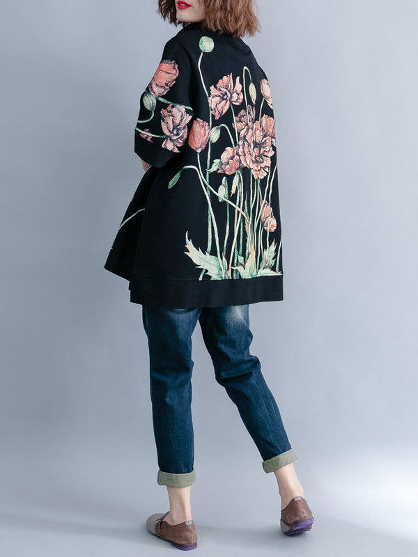 CASUAL FLORAL PRINTED HIGH-NECK SWEATSHIRT