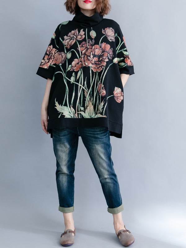 CASUAL FLORAL PRINTED HIGH-NECK SWEATSHIRT