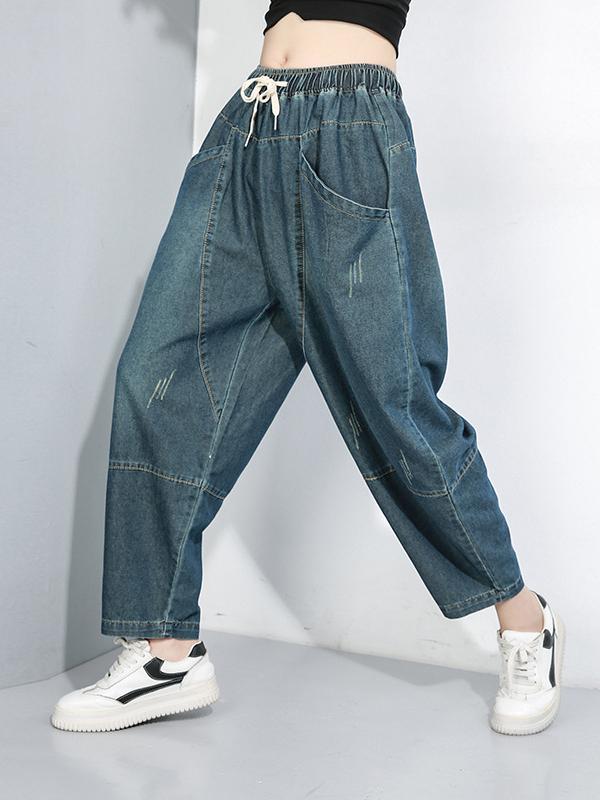 CASUAL SOLID WASHING DRAWSTRING JEAN PANTS