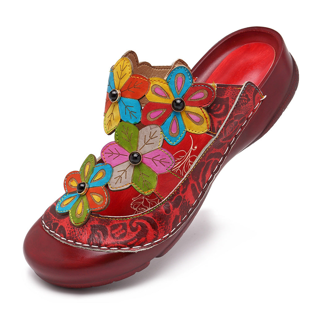 Liangtuo Nu's retro flower, genuine leather National Style Slippers