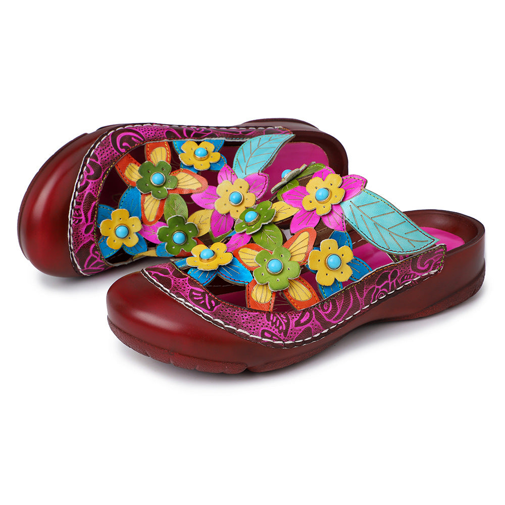 Retro flower genuine leather folk slippers