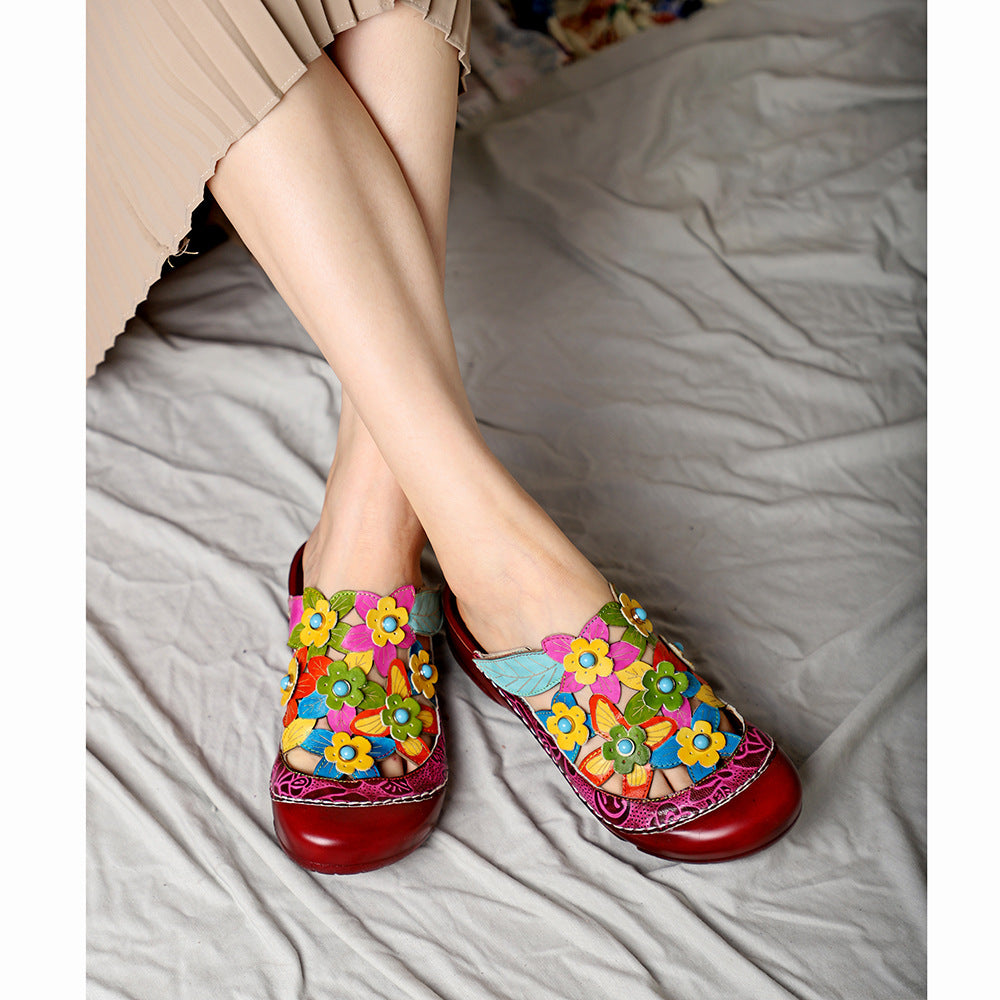 Retro flower genuine leather folk slippers