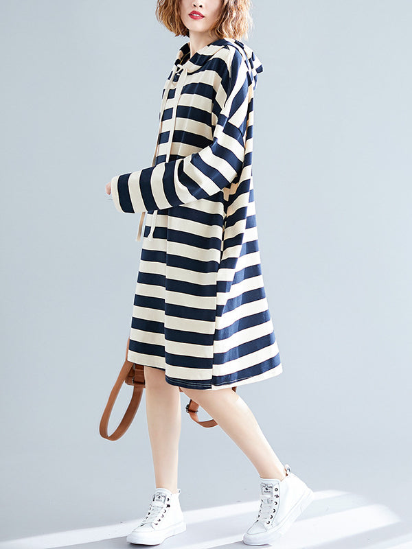 CASUAL STRIPED HOODIE SWEATSHIRT DRESS