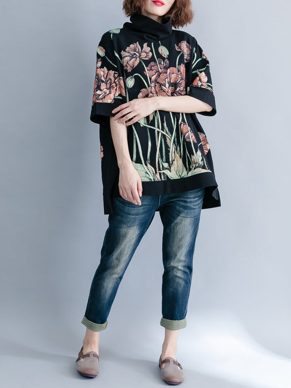 CASUAL FLORAL PRINTED HIGH-NECK SWEATSHIRT