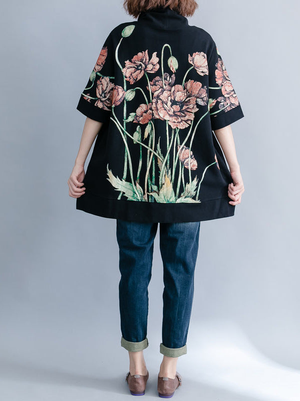 CASUAL FLORAL PRINTED HIGH-NECK SWEATSHIRT