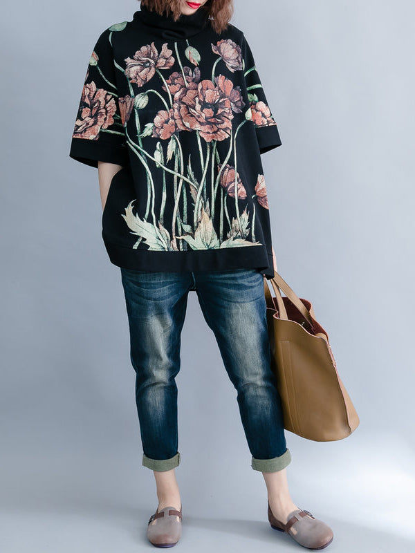 CASUAL FLORAL PRINTED HIGH-NECK SWEATSHIRT