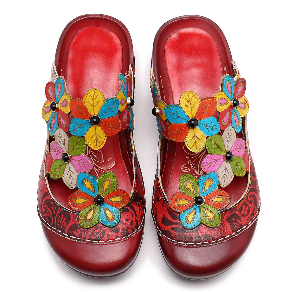 Liangtuo Nu's retro flower, genuine leather National Style Slippers