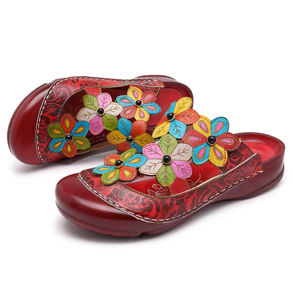 Liangtuo Nu's retro flower, genuine leather National Style Slippers