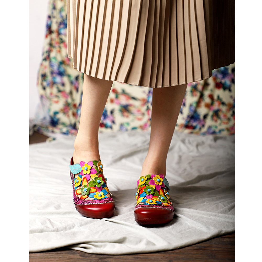 Retro flower genuine leather folk slippers