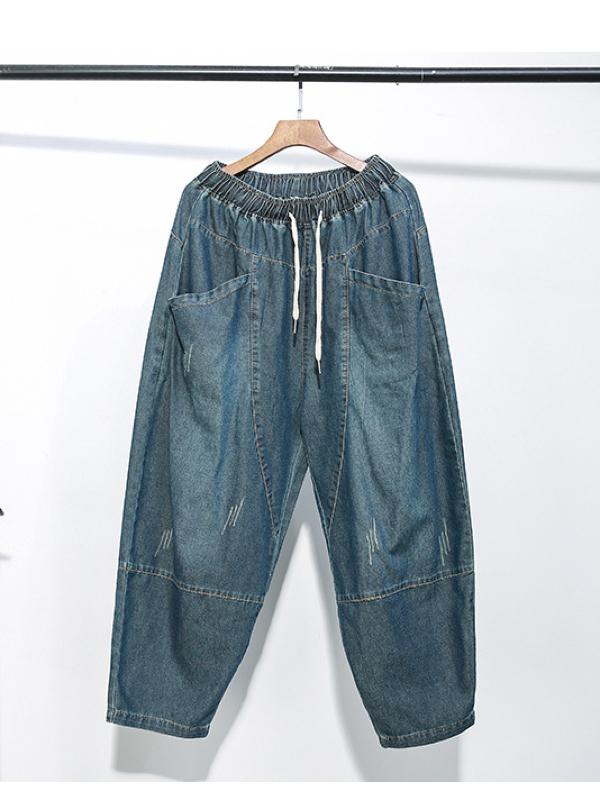 CASUAL SOLID WASHING DRAWSTRING JEAN PANTS