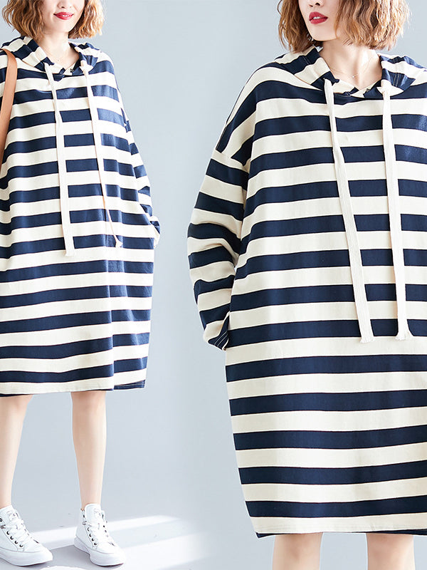 CASUAL STRIPED HOODIE SWEATSHIRT DRESS