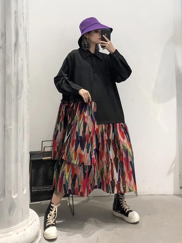 Colorful Printed Cropped Split-joint Midi Dress