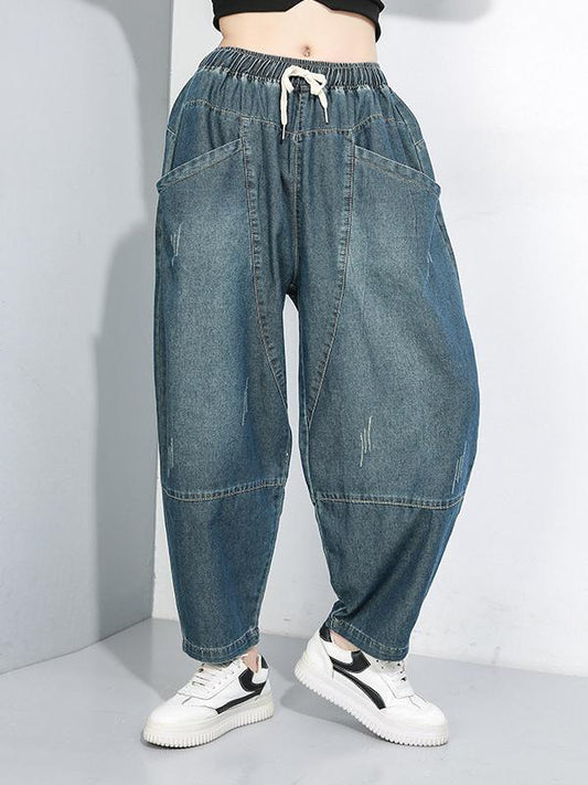 CASUAL SOLID WASHING DRAWSTRING JEAN PANTS