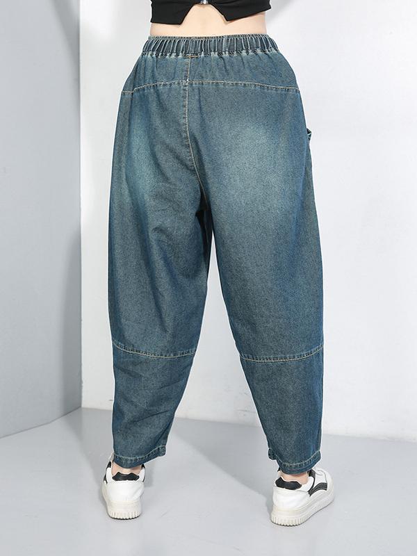 CASUAL SOLID WASHING DRAWSTRING JEAN PANTS