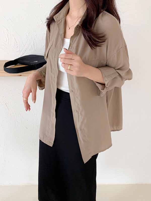 Simple Solid Color Buttoned Lapel Sun Protection Long Sleeves Blouse Tops