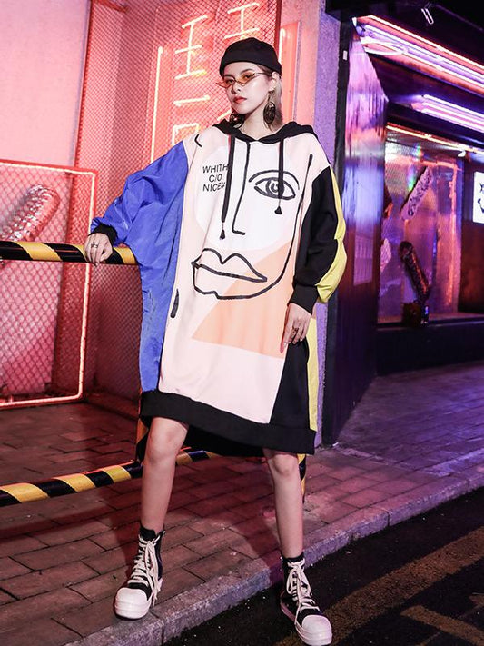 LOOSE PRINTED CONTRAST COLOR HOODIE OUTWEARS