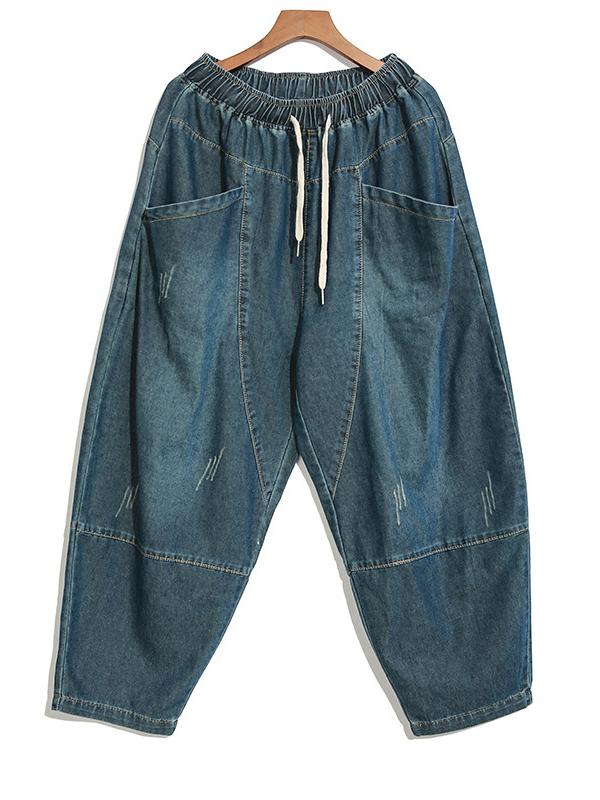 CASUAL SOLID WASHING DRAWSTRING JEAN PANTS