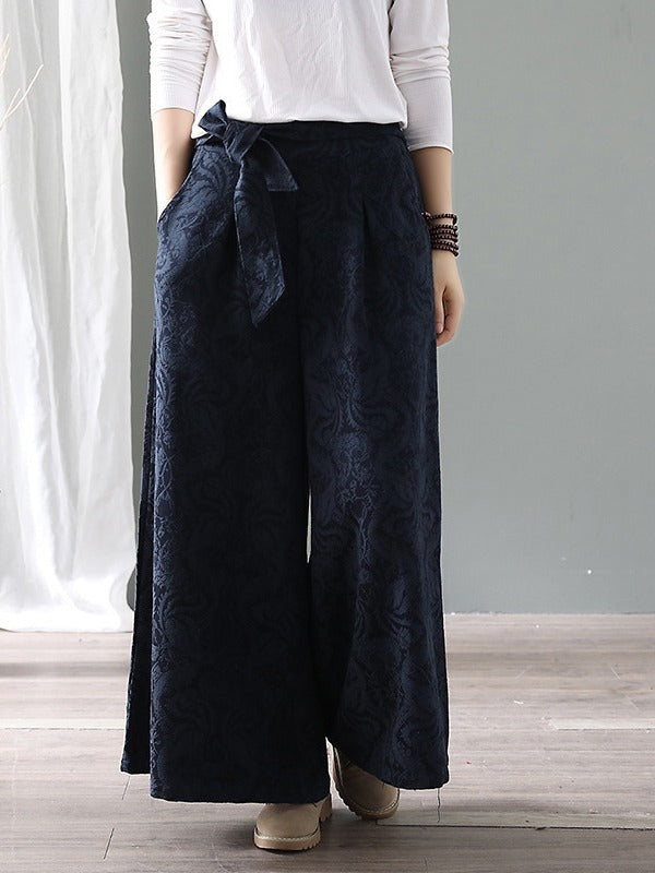 Vintage Loose Jacquard Lace-Up Wide-Leg Pants