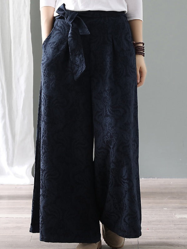 Vintage Loose Jacquard Lace-Up Wide-Leg Pants