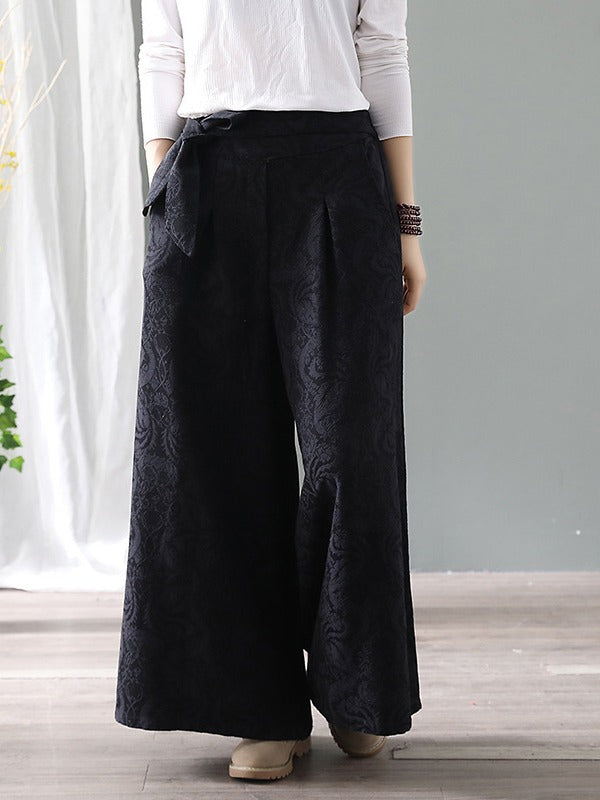 Vintage Loose Jacquard Lace-Up Wide-Leg Pants