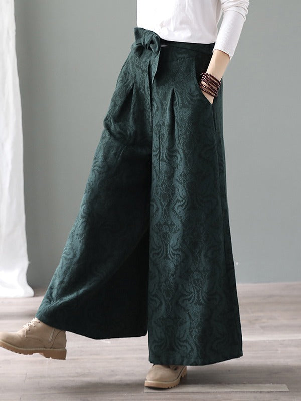 Vintage Loose Jacquard Lace-Up Wide-Leg Pants