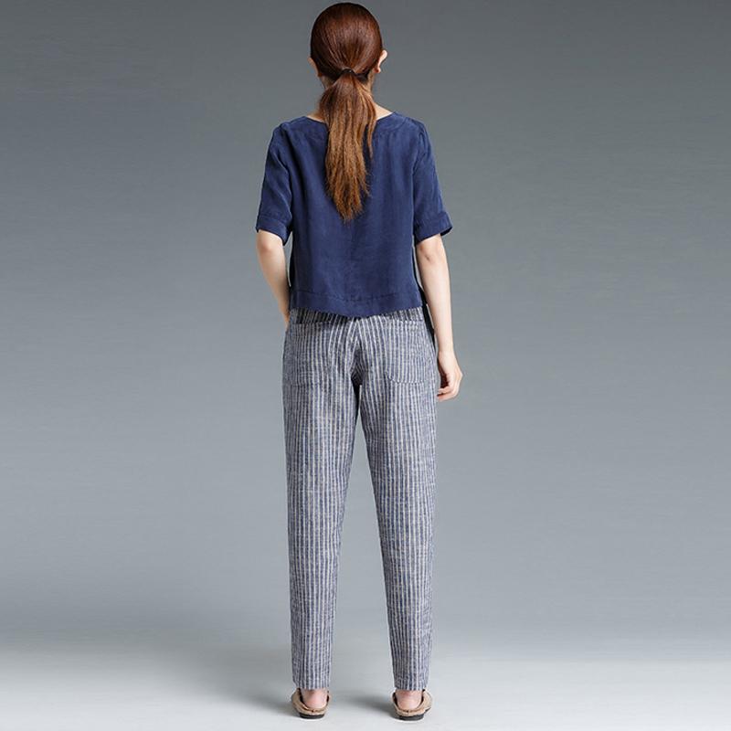 Ankle Length Blue Stripe Literature Cotton Linen Women Pants