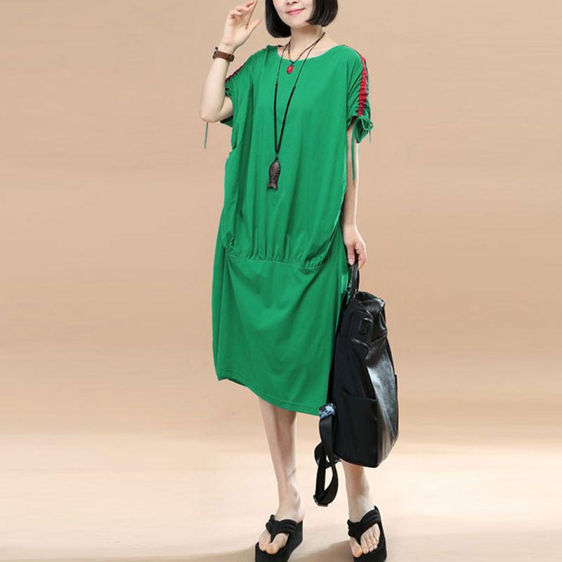 Splicing Women Loose Casual Summer String Folded Cotton Green Dress