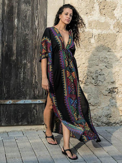 Bohemia V-neck Waisted Kaftan Cover-ups