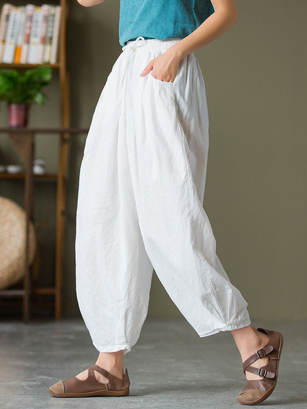 Simple Casual Loose Linen Solid Color Pleated Drawstring Knickerbockers