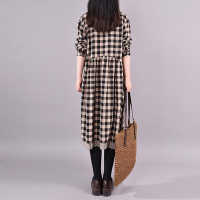 Buykud Lace Spliced Plaid Dot Loose Casual Dress