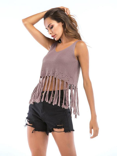 2019 Short Style Sleeveless Fringed Top