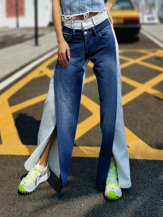 Contrast Color Split-Front Wide-Leg Jean Pants