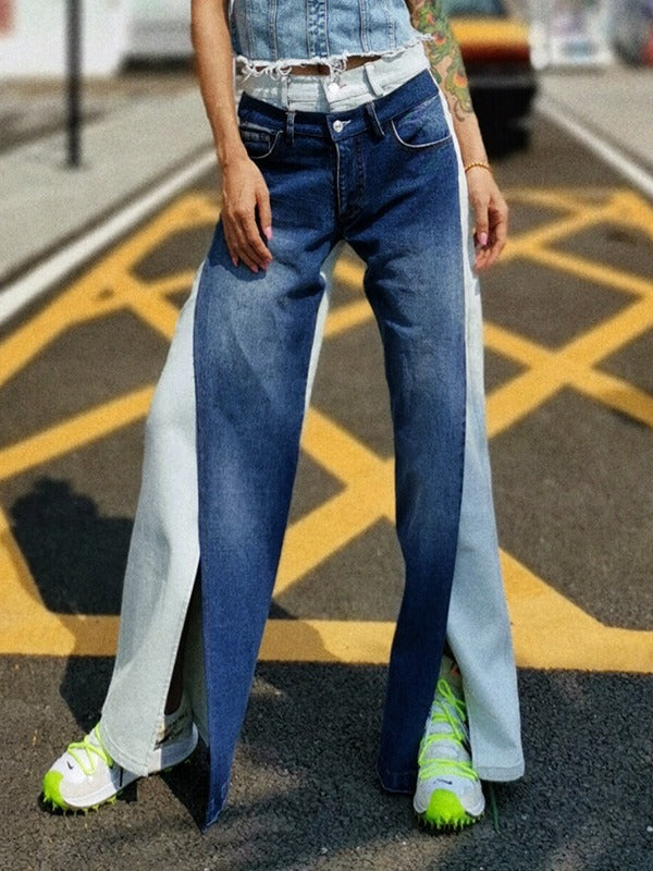 Contrast Color Split-Front Wide-Leg Jean Pants