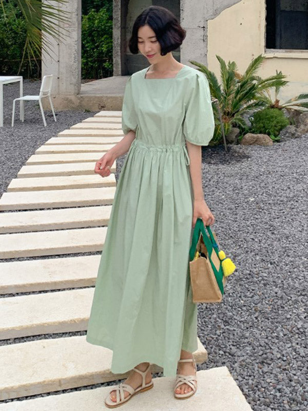 Casual Loose Solid Color Pleated Drawstring Square-Neck Bishop Sleeves Midi Dress