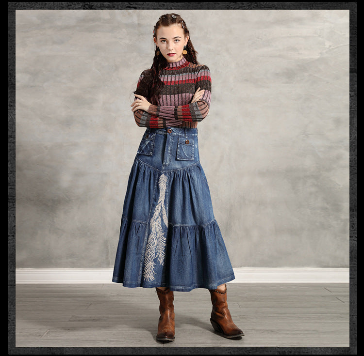 Skirt retro Embroidered Denim Skirt