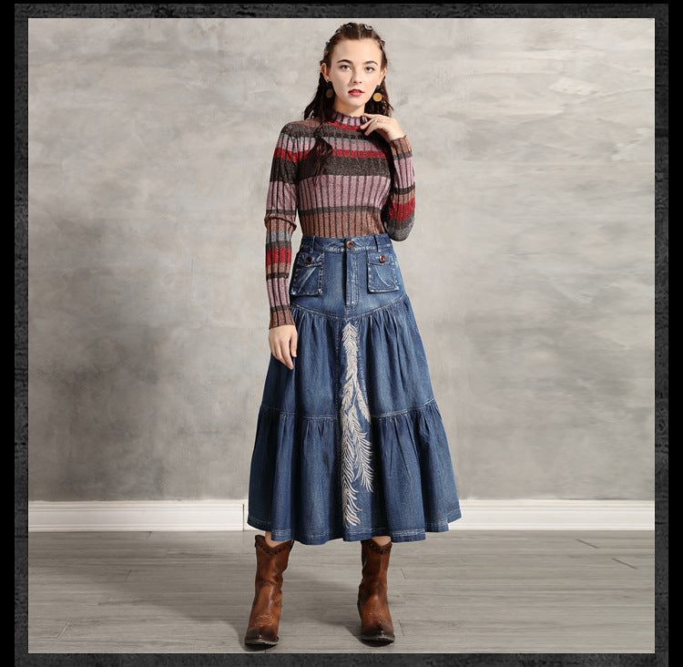 Skirt retro Embroidered Denim Skirt