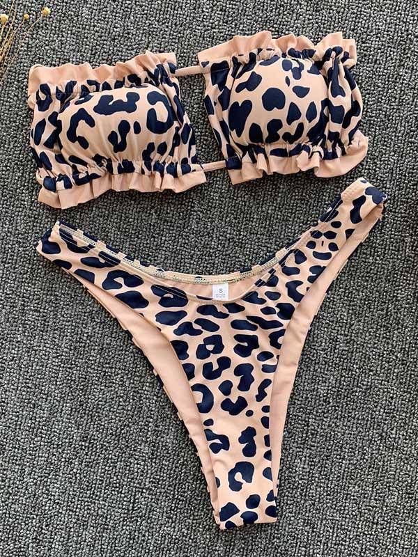 Leopard Lace-Up Pleated Bikini Swimsuit