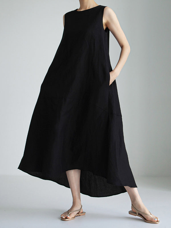 Fashion Loose Solid Color Round-Neck Sleeveless Midi Dress