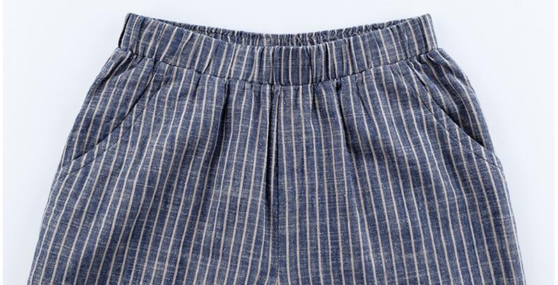 Ankle Length Blue Stripe Literature Cotton Linen Women Pants