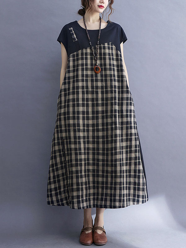 Vintage Plaid Split-Joint Round-Neck Midi Dress