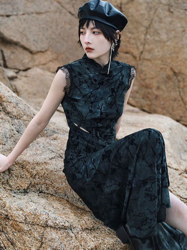 Vintage Hollow Mesh Lace Embroidered Split-Side Stand Collar Sleeveless Cheongsam Dress