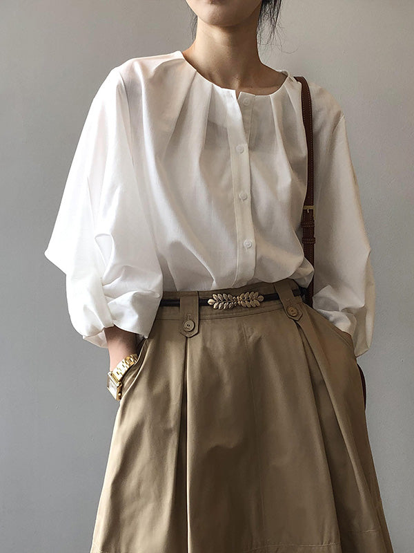 Casual Solid Color Pleated Buttoned Round-Neck Puff Sleeves Blouse