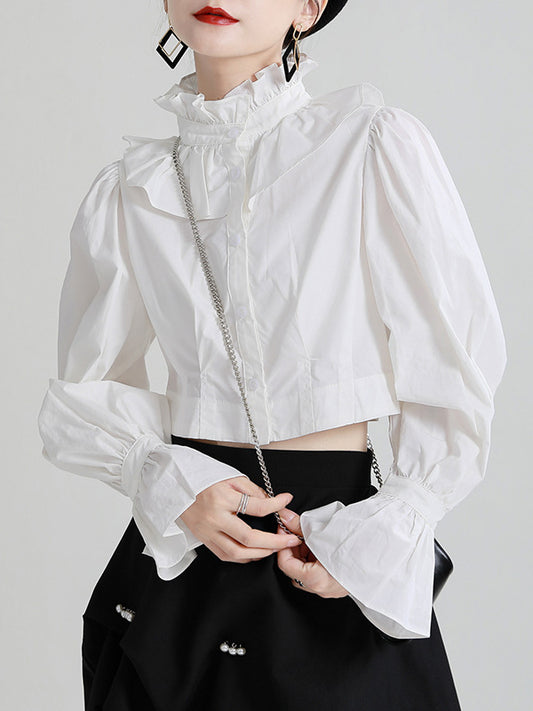 Stylish Solid Color Falbala Buttoned Pleated Stand Collar Long Puff Sleeves High-Waist Blouse