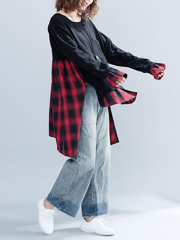 Loose Oversize Split-joint Plaid Sweatshirt