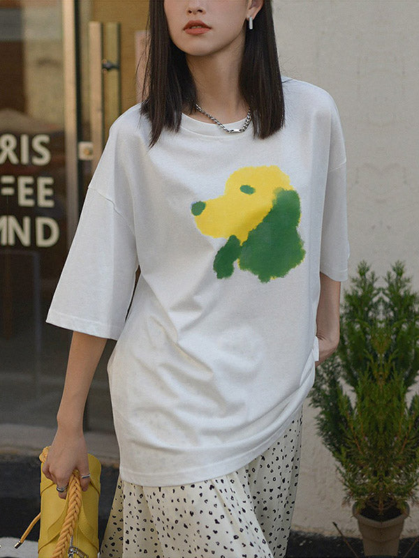 Oversized Contrast Color Dog Printed T-Shirt