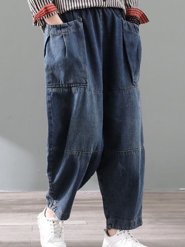 Loose Vintage Splicing Jean Wide-Leg Pants